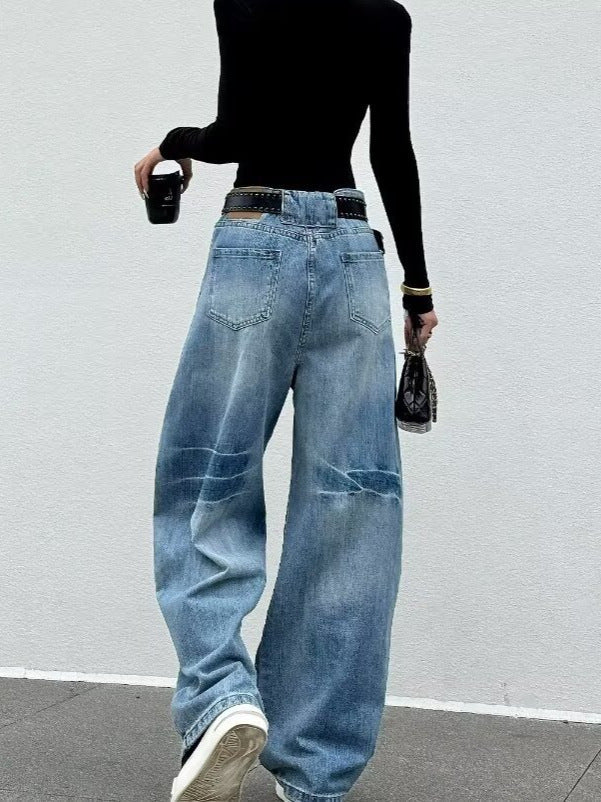 Gelsomina | Women's High-Waisted Barrel-Leg Jeans with Vintage Wash - Streetwear Volume