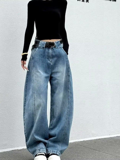Gelsomina | Women's High-Waisted Barrel-Leg Jeans with Vintage Wash - Streetwear Volume