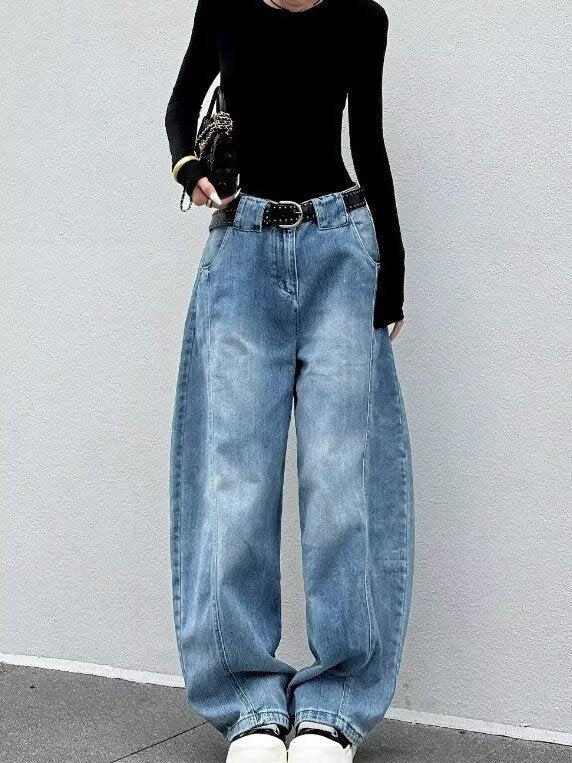 Gelsomina | Women's High-Waisted Barrel-Leg Jeans with Vintage Wash - Streetwear Volume