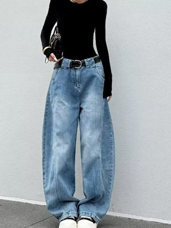 Gelsomina | Women's High-Waisted Barrel-Leg Jeans with Vintage Wash - Streetwear Volume