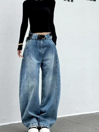 Gelsomina | Women's High-Waisted Barrel-Leg Jeans with Vintage Wash - Streetwear Volume