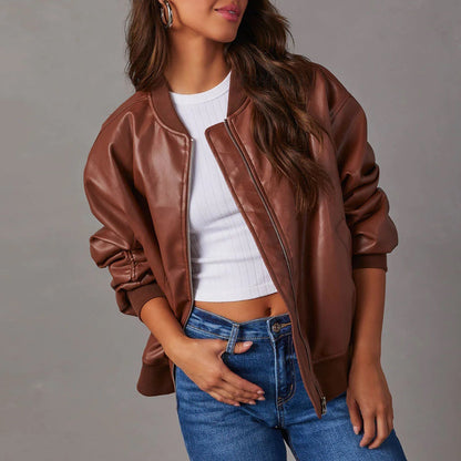 Aurora | Oversized Women's Leather-Effect Bomber Jacket with Ribbed Trim - Confident Style