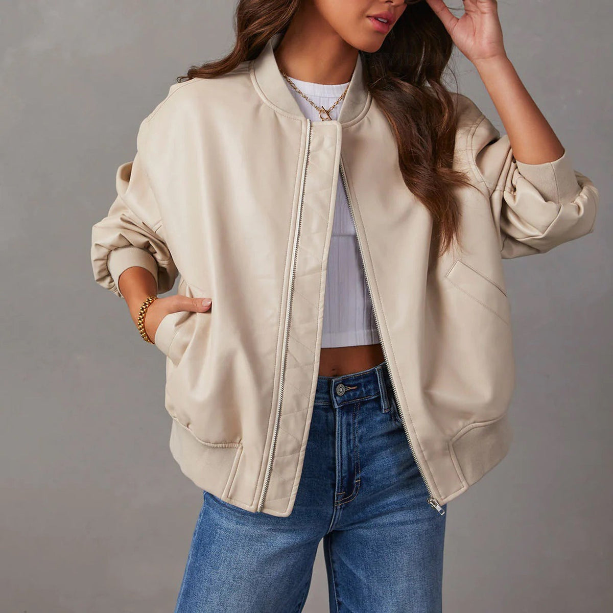 Aurora | Oversized Women's Leather-Effect Bomber Jacket with Ribbed Trim - Confident Style