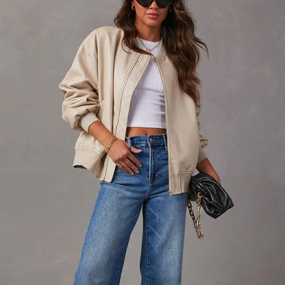 Aurora | Oversized Women's Leather-Effect Bomber Jacket with Ribbed Trim - Confident Style