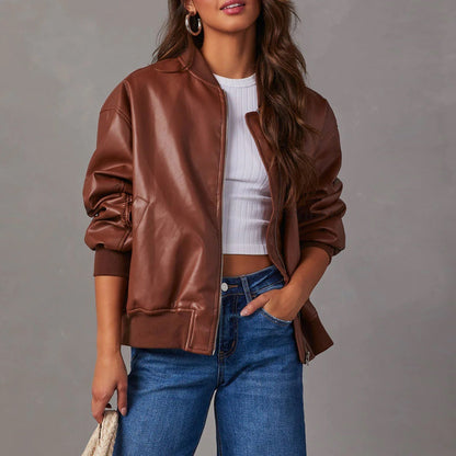 Aurora | Oversized Women's Leather-Effect Bomber Jacket with Ribbed Trim - Confident Style
