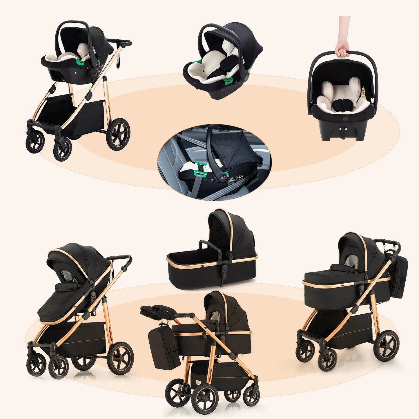 Passeggino Trio Multifunzionale 3 in 1 con Design Pieghevole e Sicurezza Elevata per Viaggi Comodi 14