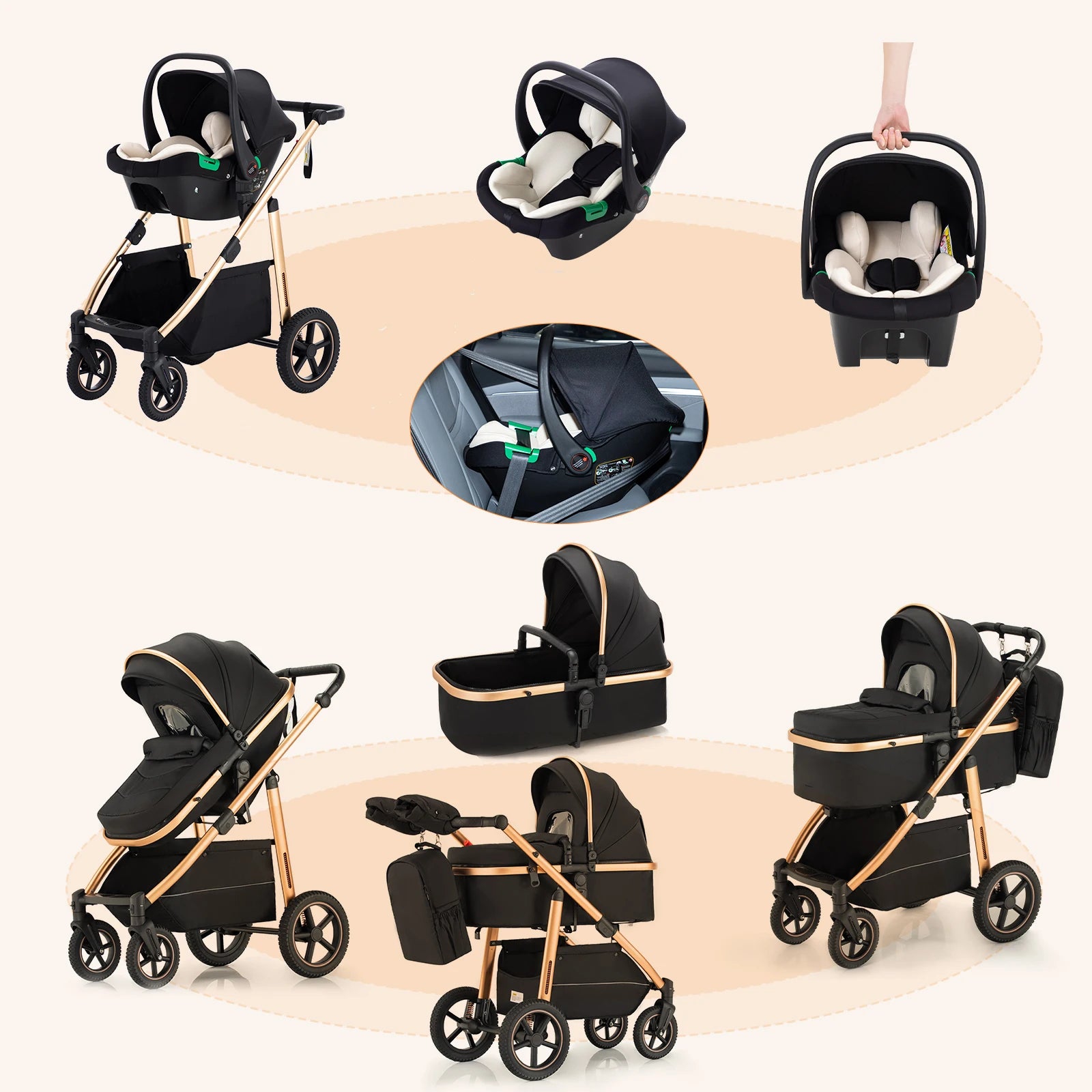 Passeggino Trio Multifunzionale 3 in 1 con Design Pieghevole e Sicurezza Elevata per Viaggi Comodi 14