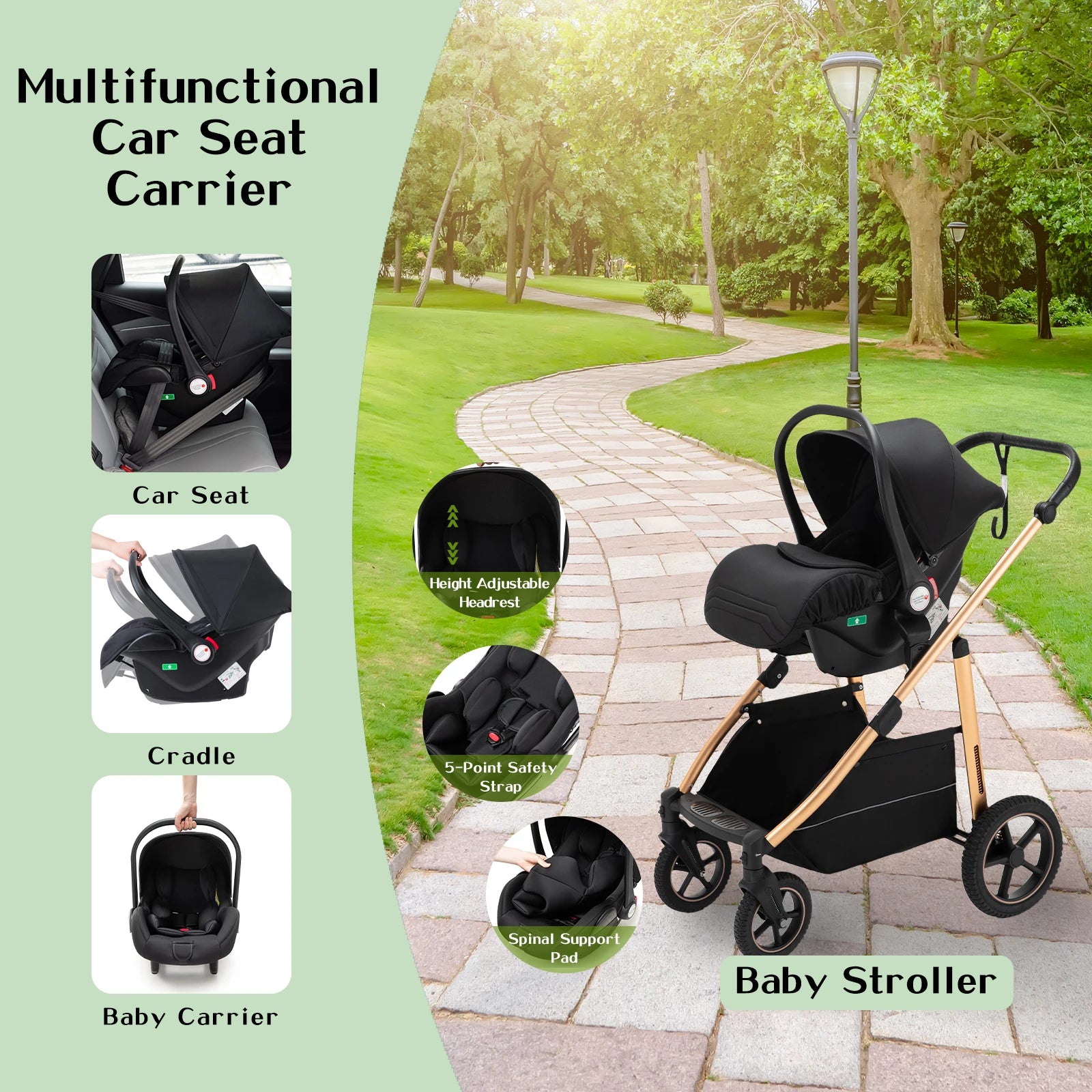Passeggino Trio Multifunzionale 3 in 1 con Design Pieghevole e Sicurezza Elevata per Viaggi Comodi 3