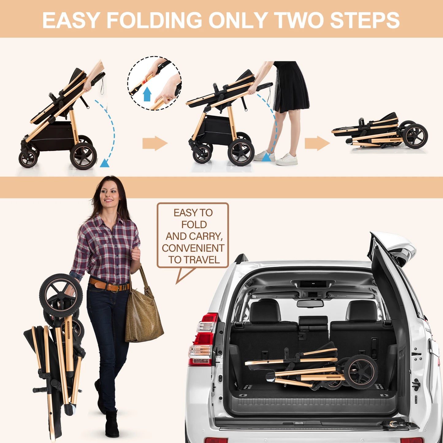 Passeggino Trio Multifunzionale 3 in 1 con Design Pieghevole e Sicurezza Elevata per Viaggi Comodi 5