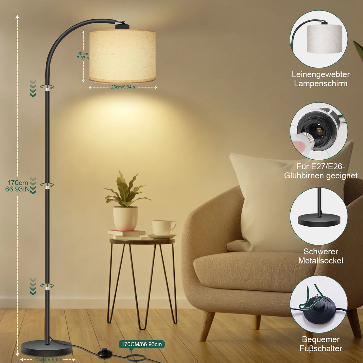Piantana Da Terra Design in Tessuto di Lino con Braccio Oscillante | Illuminazione LED 12W per Atmosfera Accogliente 1