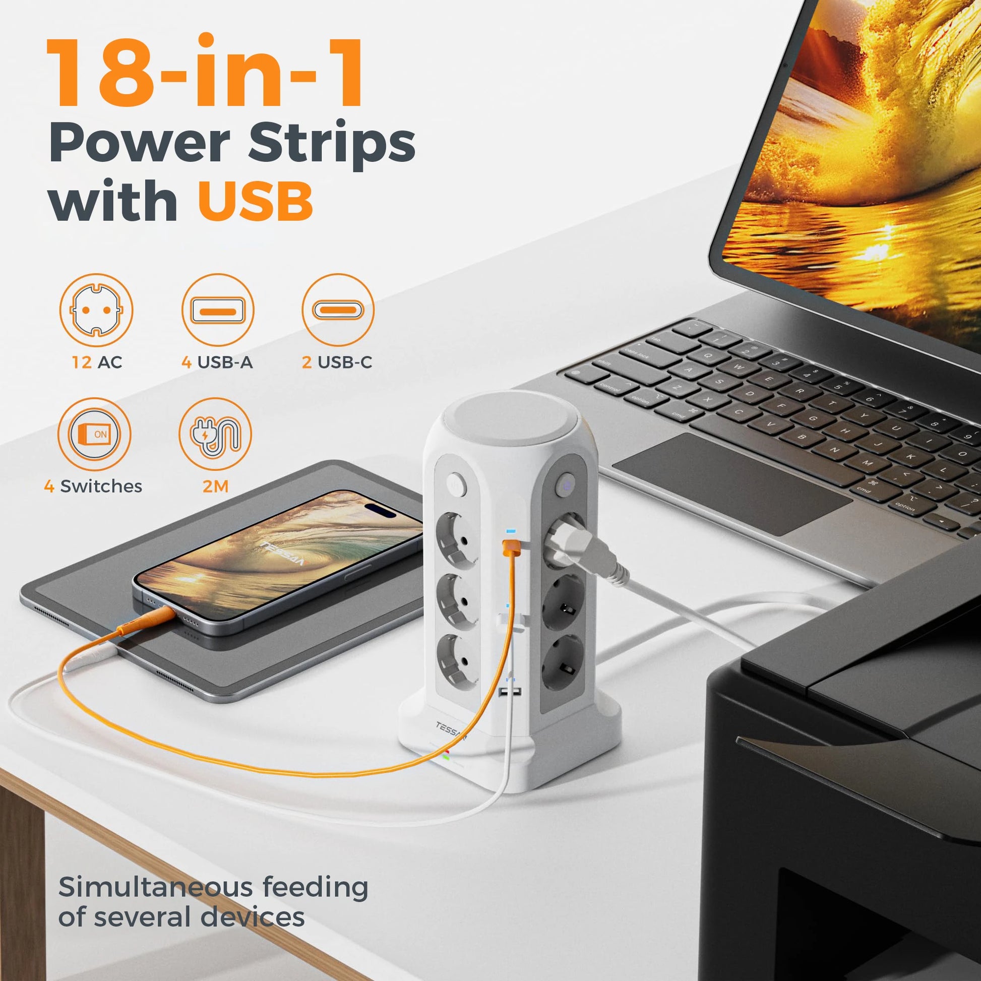 Presa Multipla a Torre con 12 Prese e 6 USB per Ricarica Efficiente | Design Compatto per Ufficio e Casa 1