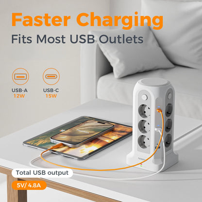 Presa Multipla a Torre con 12 Prese e 6 USB per Ricarica Efficiente | Design Compatto per Ufficio e Casa 2