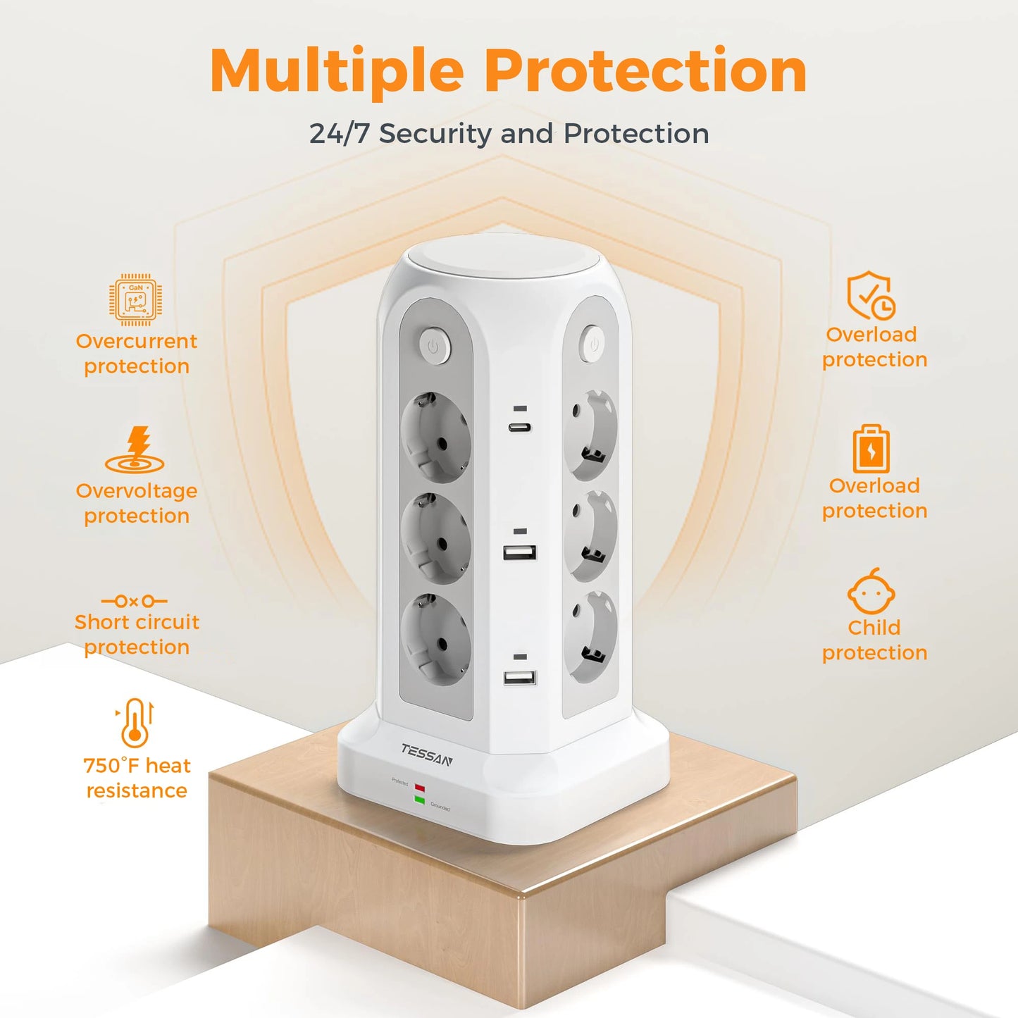 Presa Multipla a Torre con 12 Prese e 6 USB per Ricarica Efficiente | Design Compatto per Ufficio e Casa 4