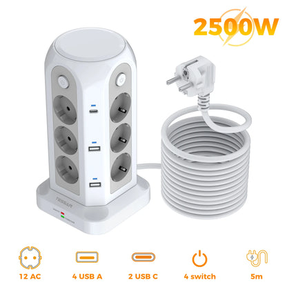 Presa Multipla a Torre con 12 Prese e 6 USB per Ricarica Efficiente | Design Compatto per Ufficio e Casa 8