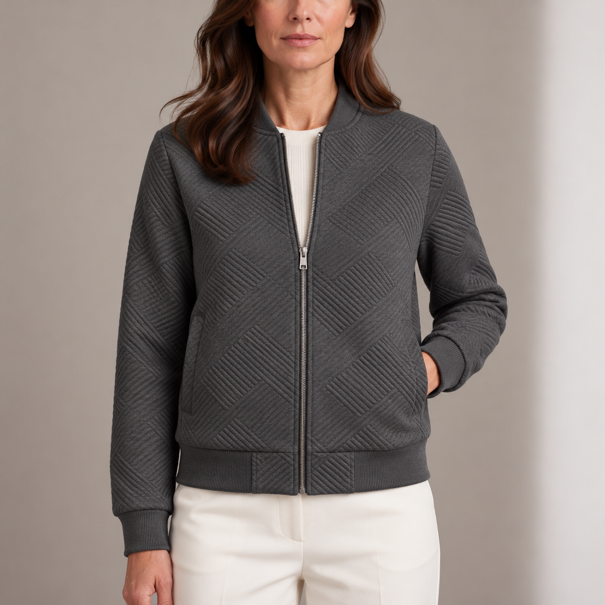 Bianca | Bomber Trapuntato Donna a Rombi con Bordi a Costine - Texture Elegante