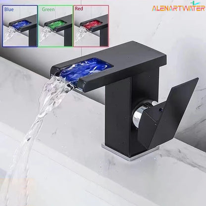 Rubinetto Lavabo Nero con LED e Maniglia Singola | Design Elegante per Controllo Temperatura 0