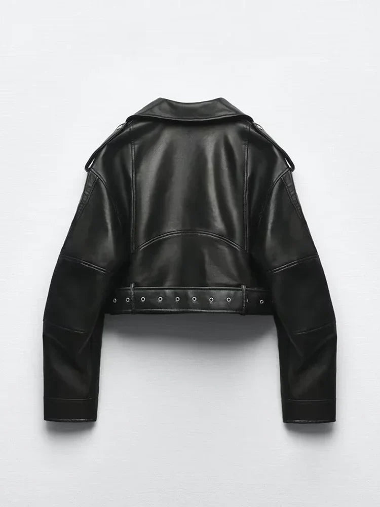Berenice | Women's Faux Leather Biker Jacket with Belt - Vintage Character