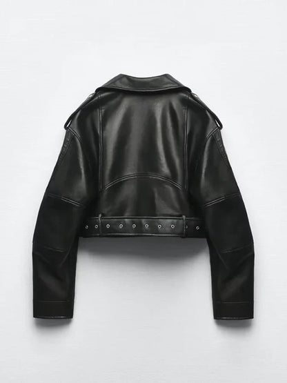Berenice | Women's Faux Leather Biker Jacket with Belt - Vintage Character
