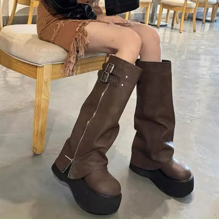 Ornella | Slouchy Women's Knee-High Boots with Platform and Buckle - Modern Character