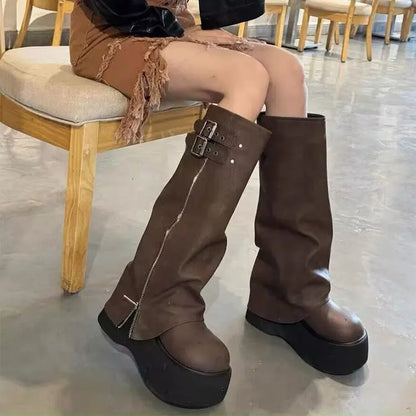 Ornella | Slouchy Women's Knee-High Boots with Platform and Buckle - Modern Character