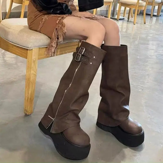 Ornella | Slouchy Women's Knee-High Boots with Platform and Buckle - Modern Character