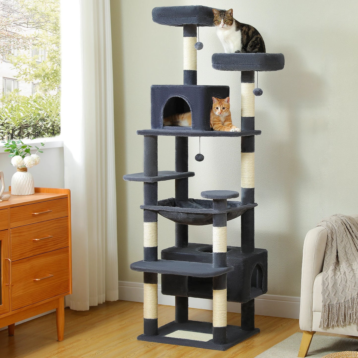 Tiragraffi per Gatti Grandi | Torre Robusta in Sisal con Amaca Spaziosa, Cuccia e Trespoli | Multi-livello per Gatti Adulti e di Grossa Taglia