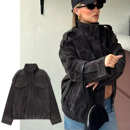 Federica | Women's Suede-Effect Bomber Jacket with Pockets - Autumn Warmth