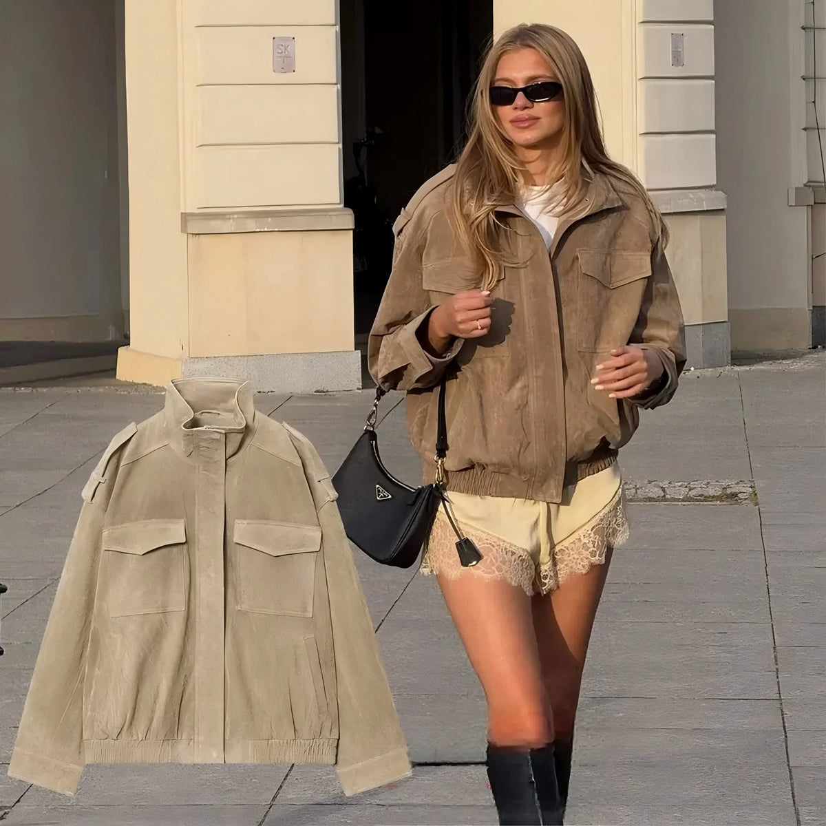 Federica | Women's Suede-Effect Bomber Jacket with Pockets - Autumn Warmth