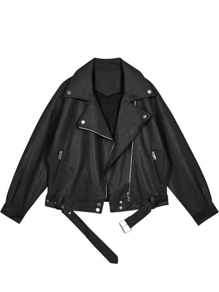 Annunziata | Women's Oversized Biker Jacket with Asymmetrical Zipper and Belt - Relaxed Urban Look