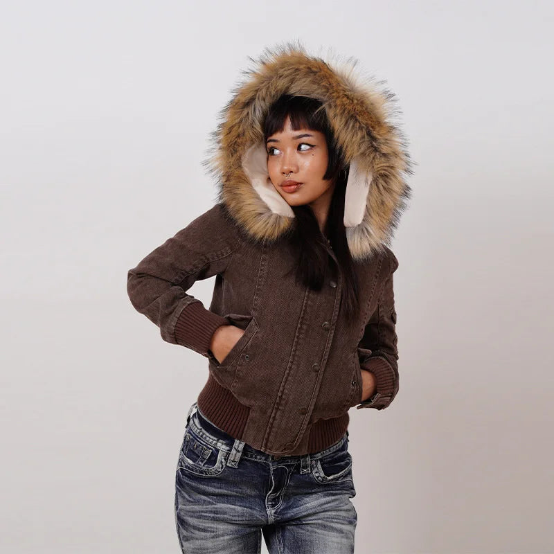 Ersilia | Women's Short Winter Jacket with Faux Fur-Trimmed Hood - Everyday Warmth