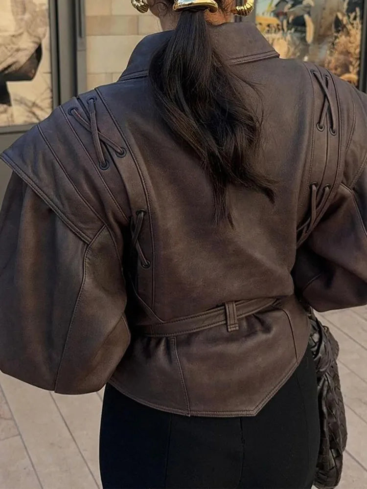 Leonora | Women's Leather-Look Jacket with Belt and Structured Shoulders - Modern Elegance