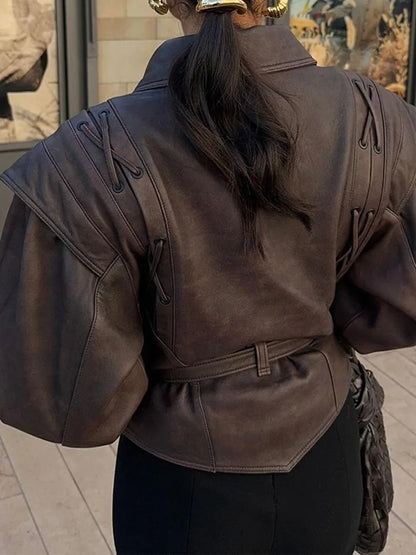 Leonora | Women's Leather-Look Jacket with Belt and Structured Shoulders - Modern Elegance