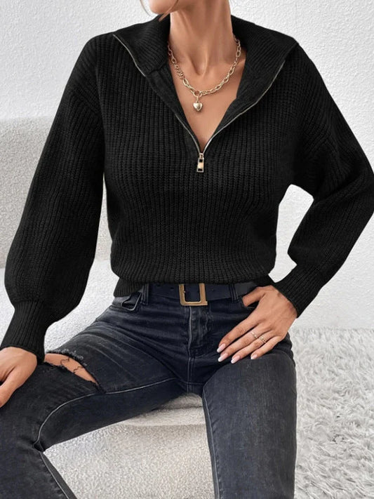 Samantha | Maglione Donna a Coste con Mezza Zip Casual Autunnale 0