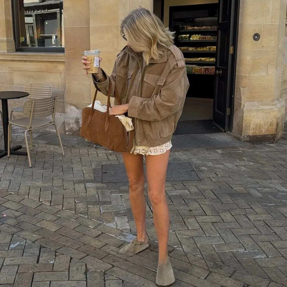 Federica | Women's Suede-Effect Bomber Jacket with Pockets - Autumn Warmth