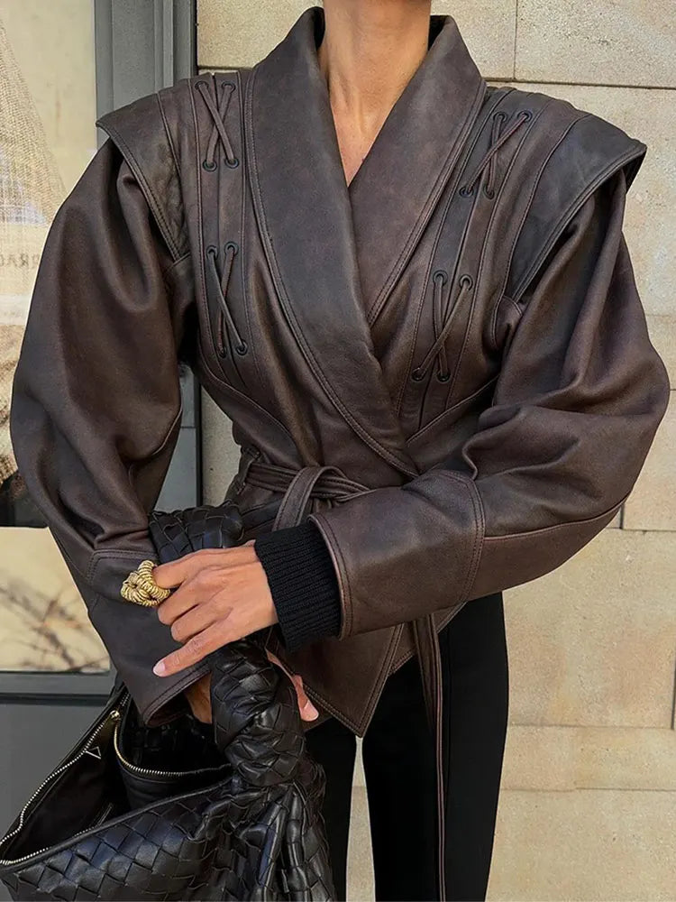 Leonora | Women's Leather-Look Jacket with Belt and Structured Shoulders - Modern Elegance