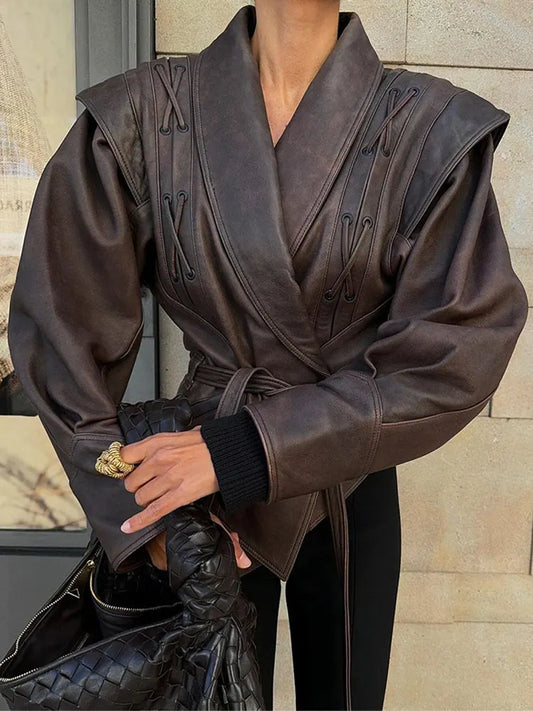 Leonora | Women's Leather-Look Jacket with Belt and Structured Shoulders - Modern Elegance