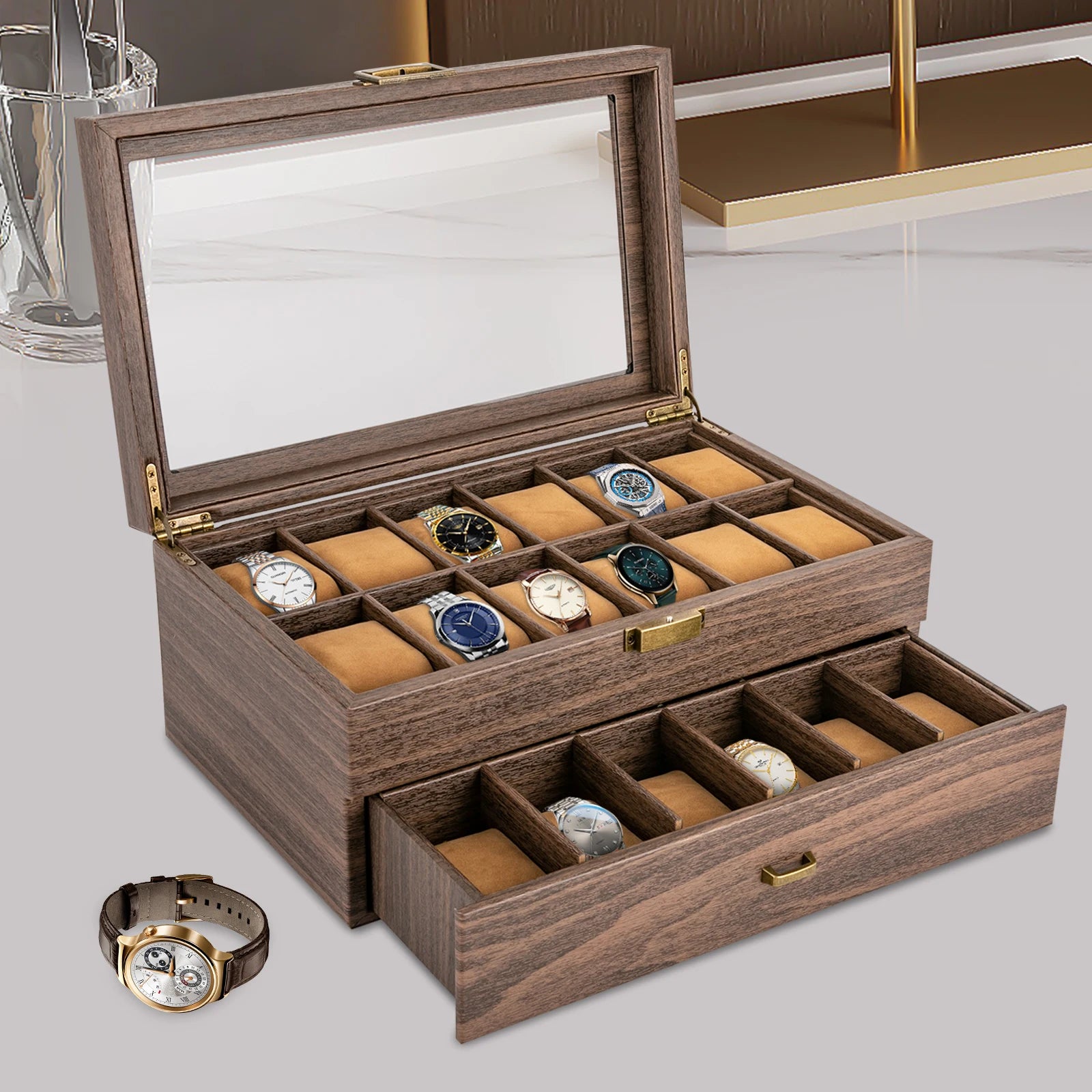 Scatola Porta Orologi Rustica a 24 Scomparti con Vetrina in Vetro | Elegante Custodia per Orologi e Gioielli 0
