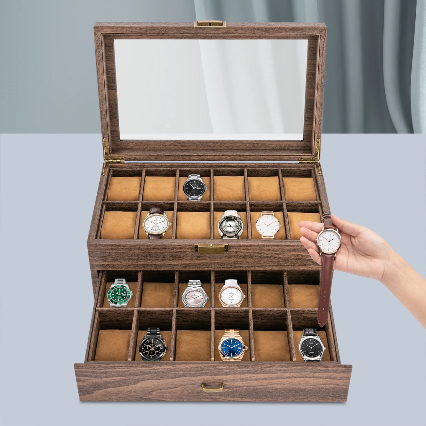 Scatola Porta Orologi Rustica a 24 Scomparti con Vetrina in Vetro | Elegante Custodia per Orologi e Gioielli 1