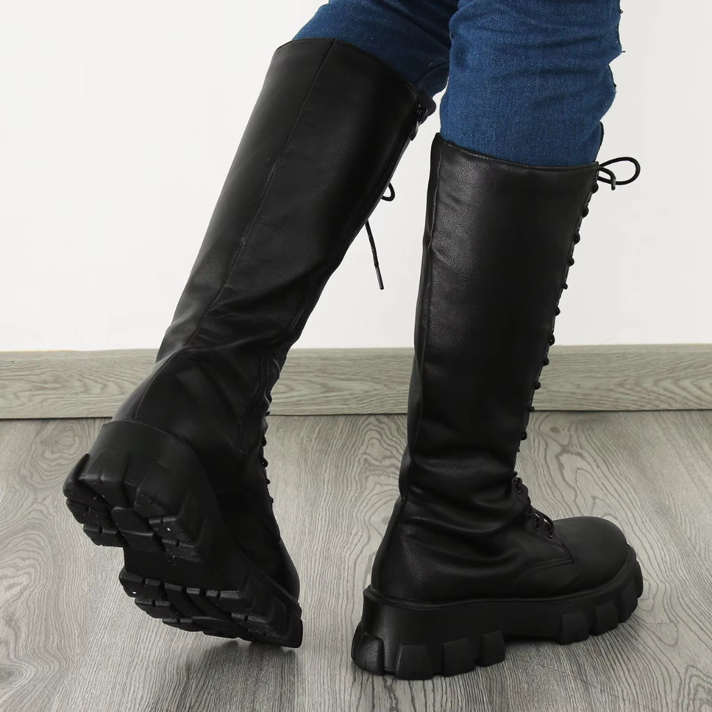 Gabriella | Leather-Look Women's Knee-High Boots with Laces and Platform - Combat Style