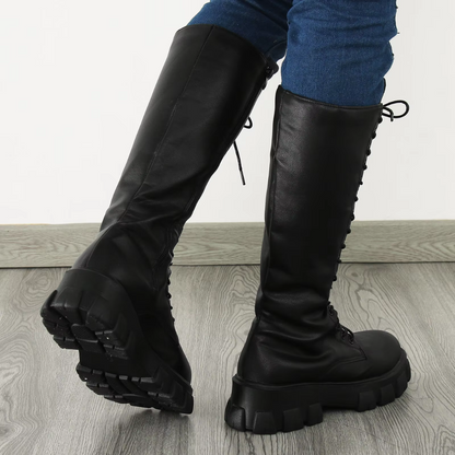 Gabriella | Leather-Look Women's Knee-High Boots with Laces and Platform - Combat Style