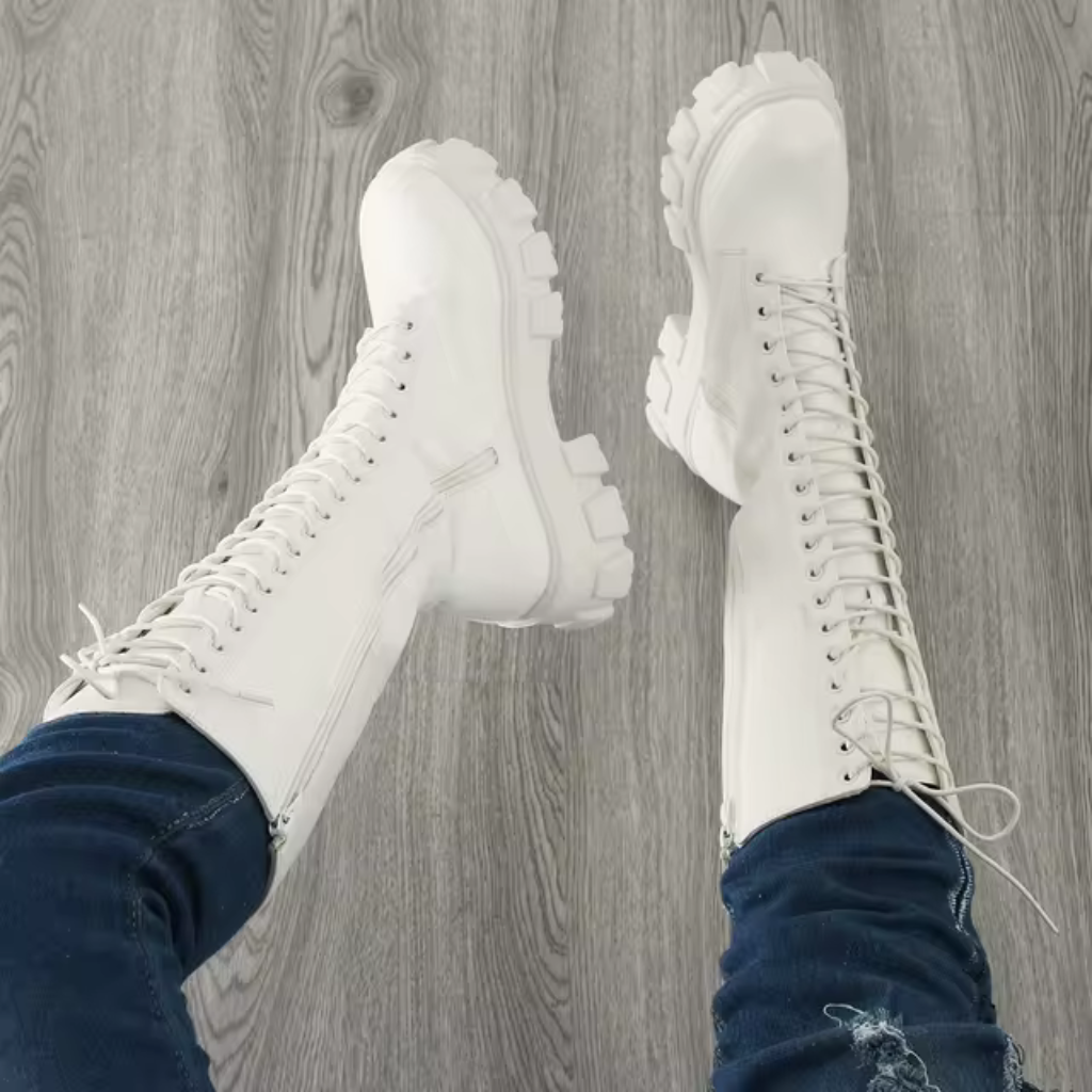 Gabriella | Leather-Look Women's Knee-High Boots with Laces and Platform - Combat Style