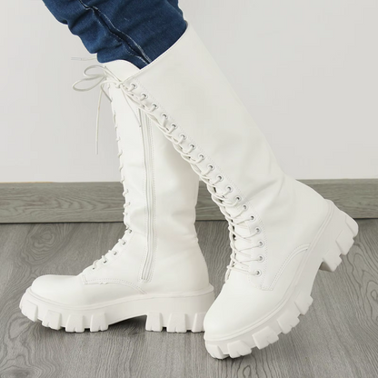 Gabriella | Leather-Look Women's Knee-High Boots with Laces and Platform - Combat Style