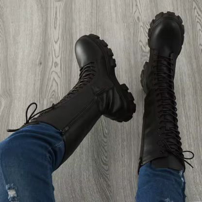 Gabriella | Leather-Look Women's Knee-High Boots with Laces and Platform - Combat Style