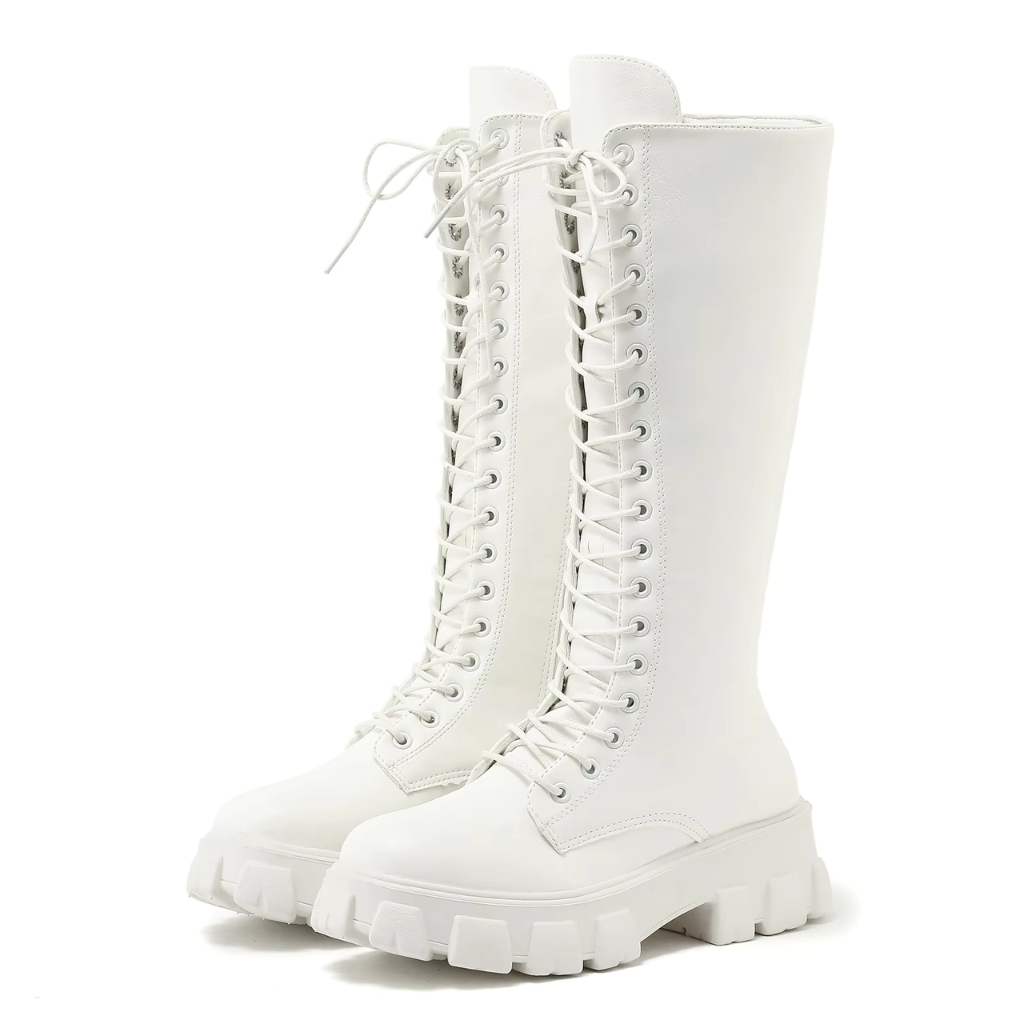 Gabriella | Leather-Look Women's Knee-High Boots with Laces and Platform - Combat Style
