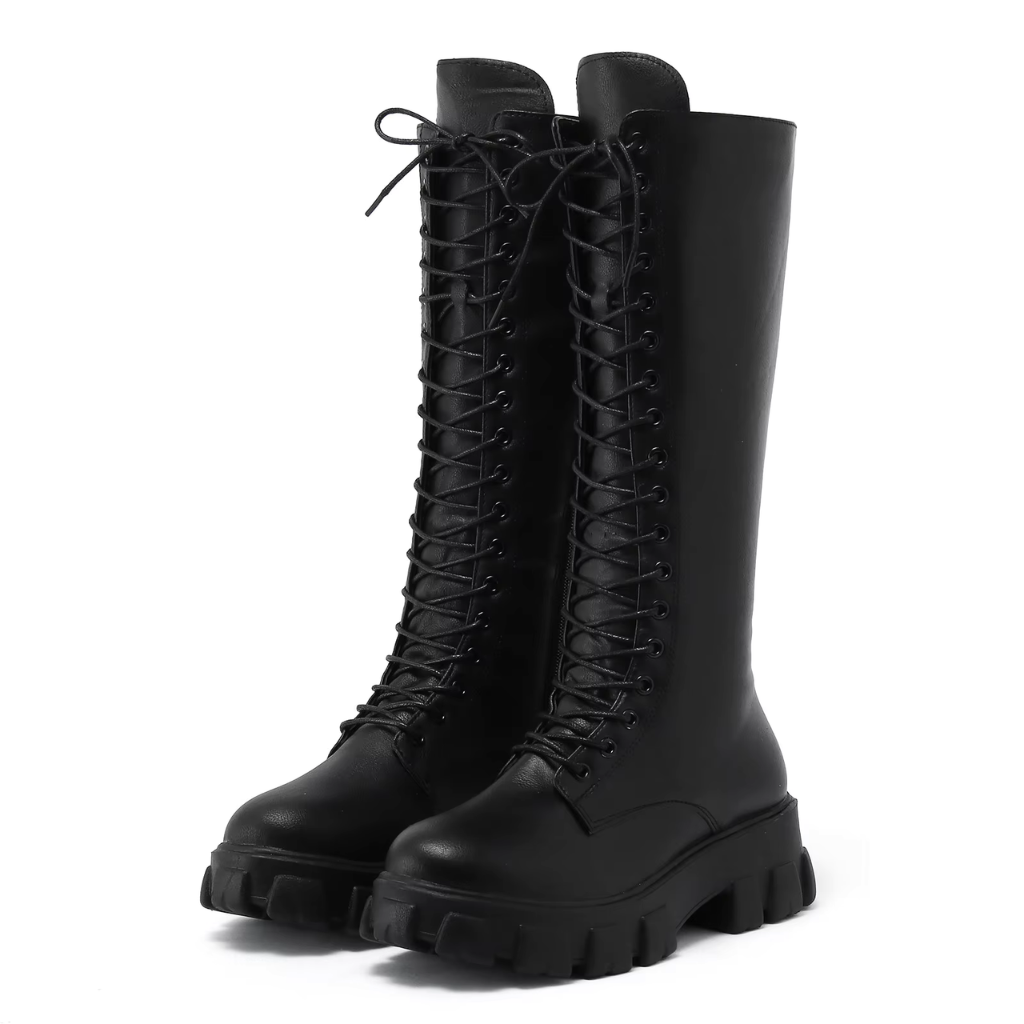 Gabriella | Leather-Look Women's Knee-High Boots with Laces and Platform - Combat Style