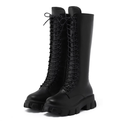 Gabriella | Leather-Look Women's Knee-High Boots with Laces and Platform - Combat Style