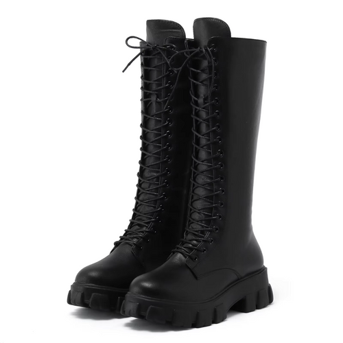 Gabriella | Leather-Look Women's Knee-High Boots with Laces and Platform - Combat Style