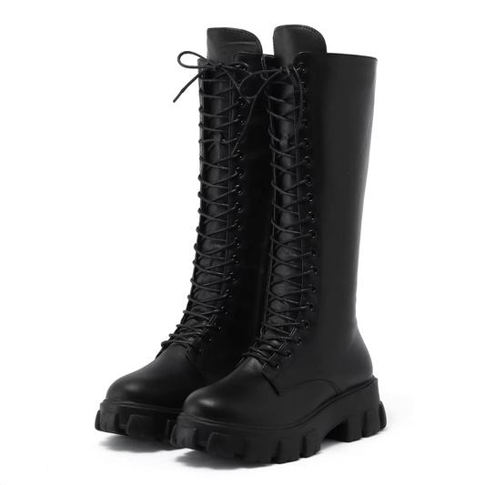 Gabriella | Leather-Look Women's Knee-High Boots with Laces and Platform - Combat Style