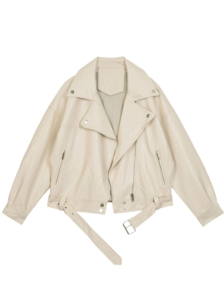 Annunziata | Women's Oversized Biker Jacket with Asymmetrical Zipper and Belt - Relaxed Urban Look