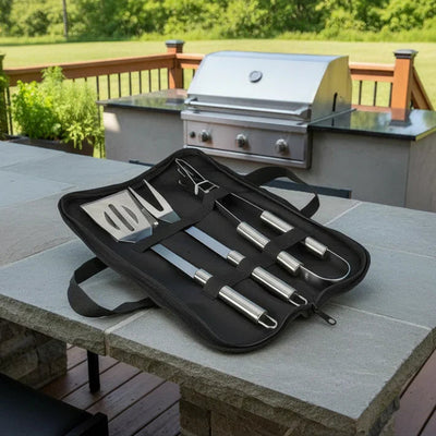 Set d'ustensiles de barbecue en acier inoxydable avec sac | Ustensiles complets pour les grillades au jardin et en camping